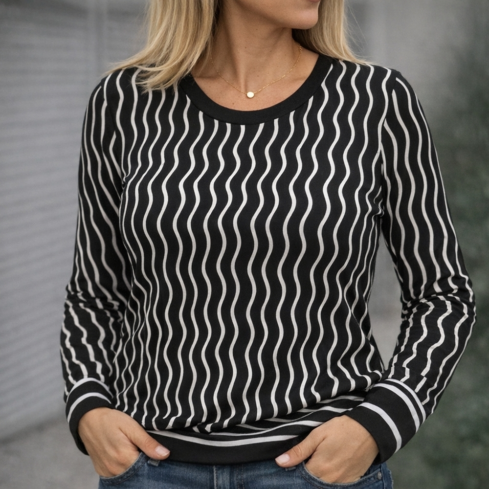 Michael Kors Black and White Wave-Stripe Long Sleeve Top.